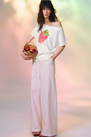 Strawberry Print One-Shoulder Blouse