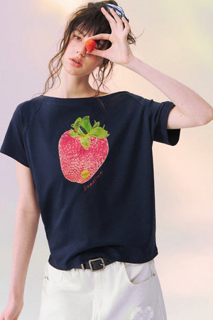 Strawberry Print One-Shoulder Blouse