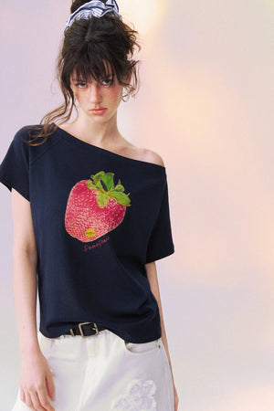 Strawberry Print One-Shoulder Blouse