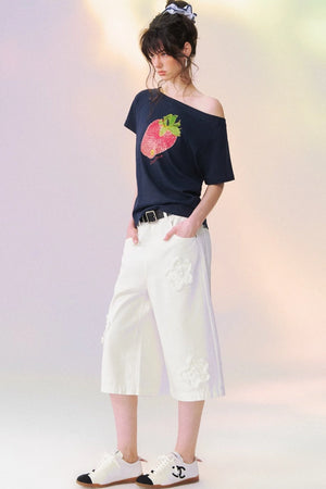 Strawberry Print One-Shoulder Blouse