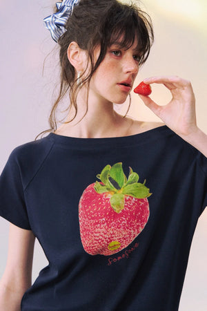 Strawberry Print One-Shoulder Blouse