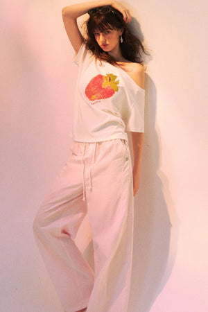 Strawberry Print One-Shoulder Blouse