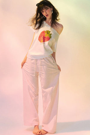 Strawberry Print One-Shoulder Blouse