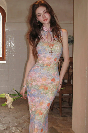 Stretch Lace Sleeveless Cheongsam Dress