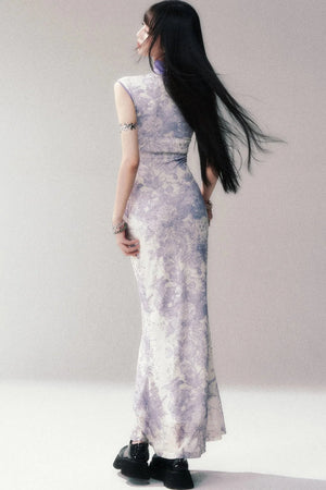 Stretch Mesh Printed Cheongsam Dress