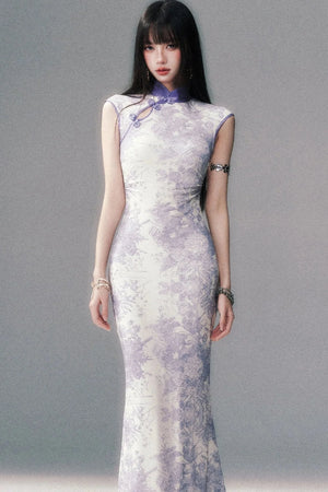 Stretch Mesh Printed Cheongsam Dress