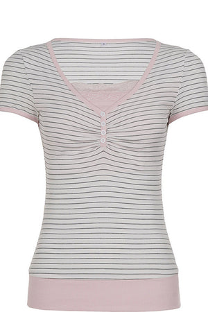 Striped 3-Button Lace Trim Henley Short Sleeve Top