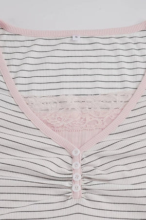 Striped 3-Button Lace Trim Henley Short Sleeve Top