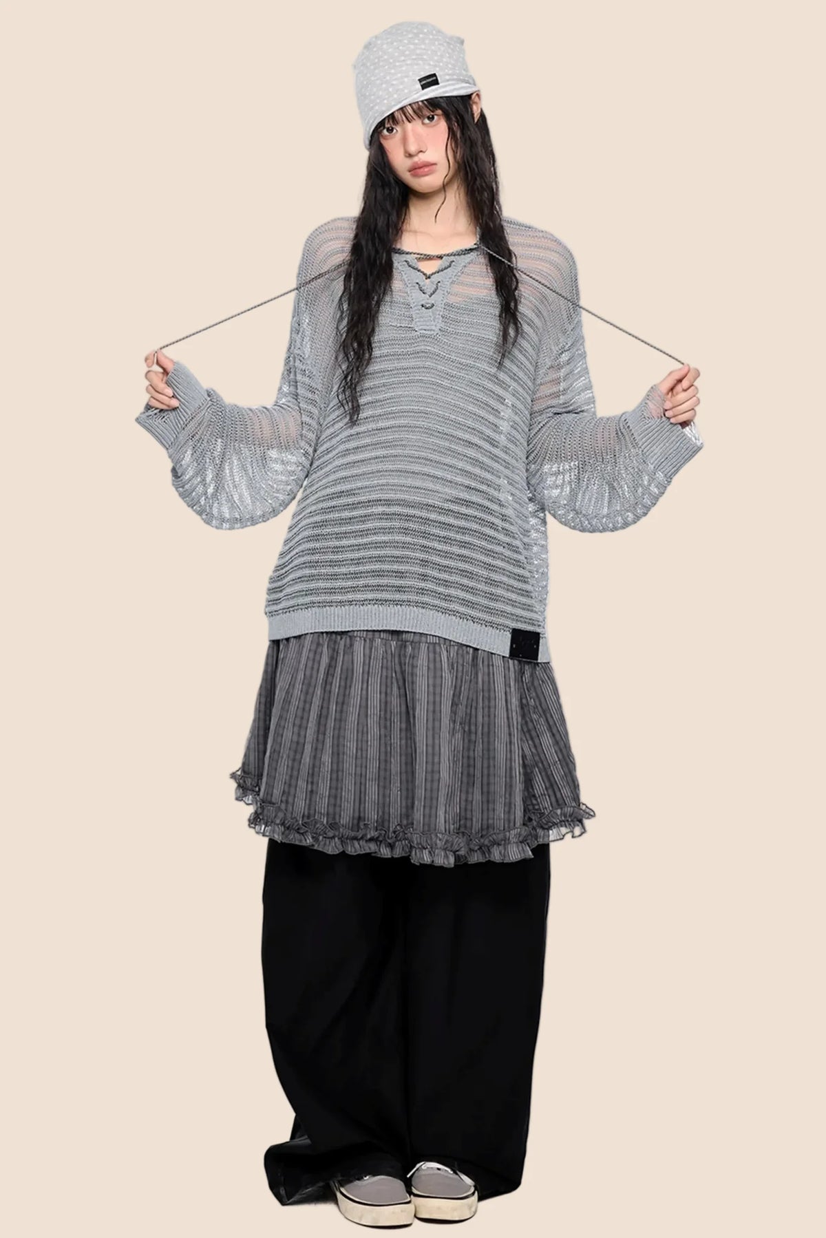 Striped Collar Cut-Out Blouse
