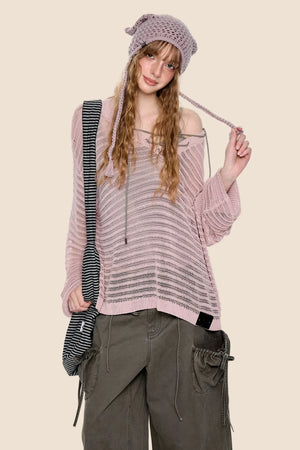 Striped Collar Cut-Out Blouse