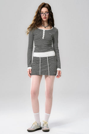 Striped Elegance Black & White Long Sleeve Dress Set-Up
