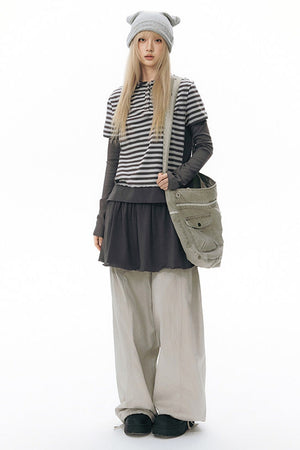 Striped Hooded Knit Short-Sleeve Top