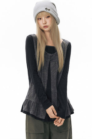 Striped Knit Patchwork Long-Sleeve Top