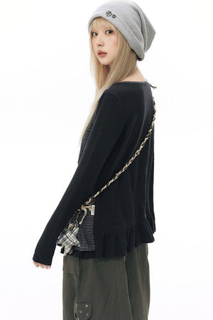 Striped Knit Patchwork Long-Sleeve Top
