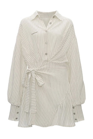 Striped Lantern Sleeve Tie Belt Shirt