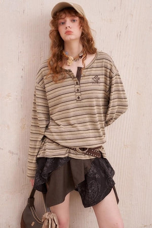 Striped Loose Crew Neck Embroidered T-Shirt