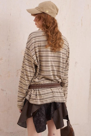 Striped Loose Crew Neck Embroidered T-Shirt