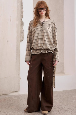 Striped Loose Crew Neck Embroidered T-Shirt
