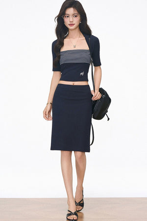 Striped Patchwork Knitted Top and Skirt Set-Up