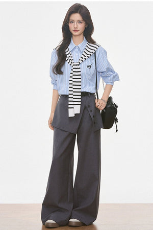 Striped Shirt With Wide-Leg Pants Set-Up