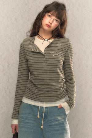 Striped Short Slim Long-Sleeved Top