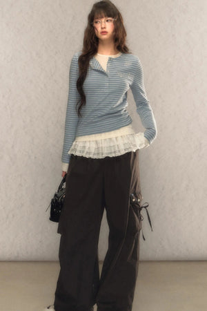 Striped Short Slim Long-Sleeved Top