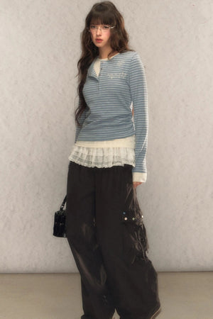 Striped Short Slim Long-Sleeved Top