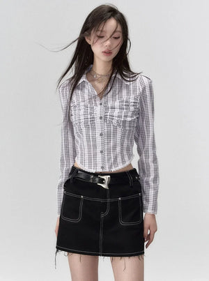 Striped slim fit cropped pleated shirt