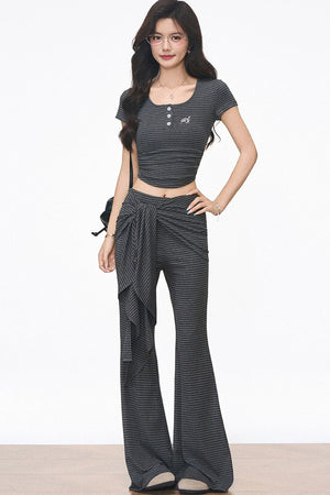 Striped Slim-Fit T-Shirt and Flared Pants Set-Up