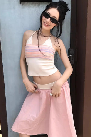 Striped Two-Tone Layered Skirt Set-Up