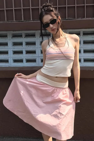 Striped Two-Tone Layered Skirt Set-Up