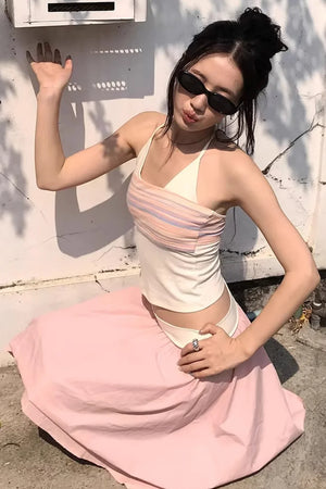Striped Two-Tone Layered Skirt Set-Up