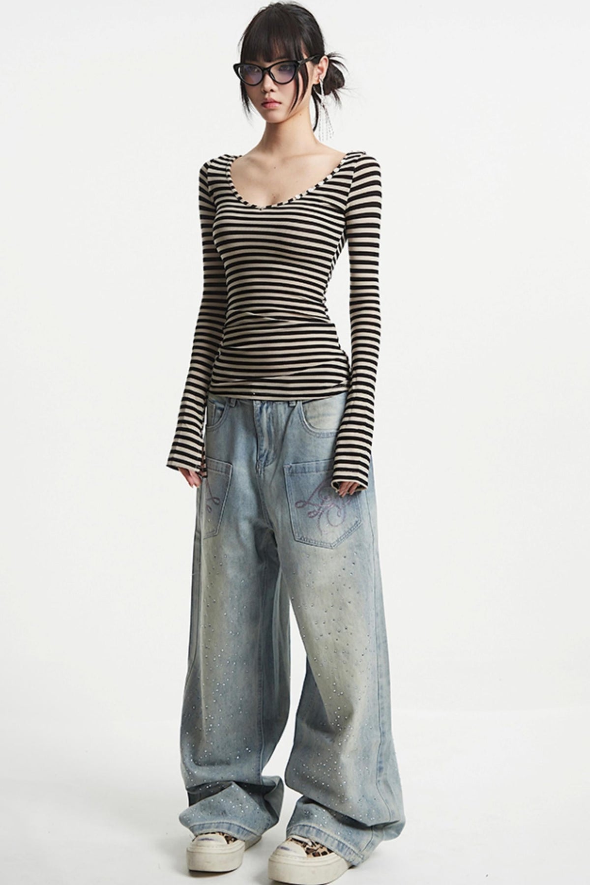 Striped V-Neck Sleeve T-Shirt