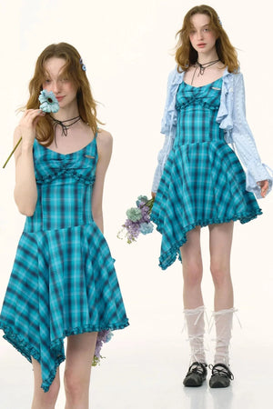 Summer Blue Plaid Halter Dress