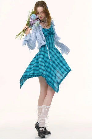 Summer Blue Plaid Halter Dress