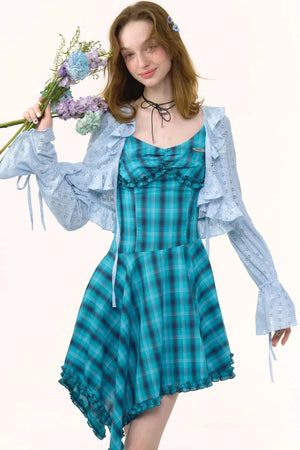 Summer Blue Plaid Halter Dress