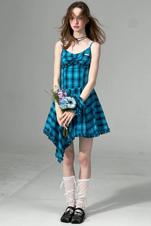 Summer Blue Plaid Halter Dress