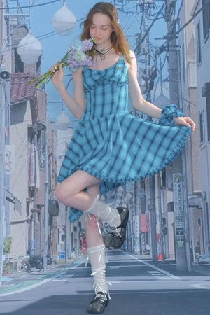 Summer Blue Plaid Halter Dress