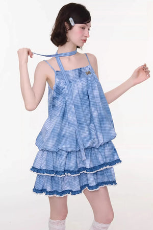 Summer Blue Plaid Lace Dress