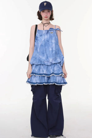 Summer Blue Plaid Lace Dress