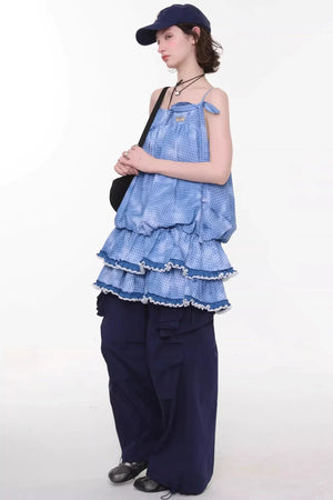 Summer Blue Plaid Lace Dress
