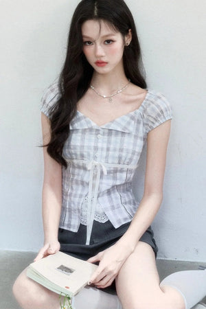 Summer Blue Plaid Patchwork Blouse