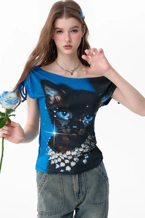 Summer Cat Print One-Shoulder Top