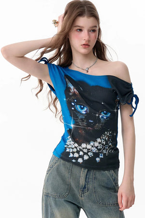 Summer Cat Print One-Shoulder Top