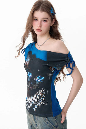Summer Cat Print One-Shoulder Top