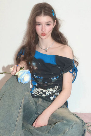 Summer Cat Print One-Shoulder Top