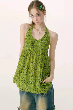 Summer Green Floral Halter Top