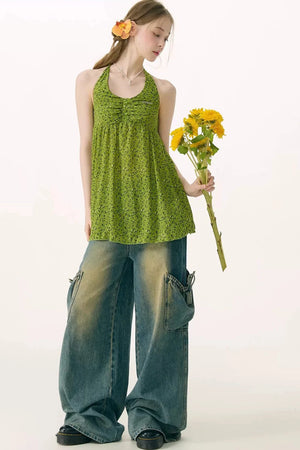 Summer Green Floral Halter Top