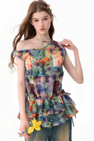 Sunflower Print Ruffle Hem Off-Shoulder Top