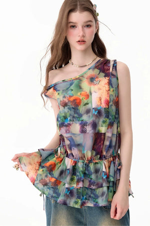 Sunflower Print Ruffle Hem Off-Shoulder Top